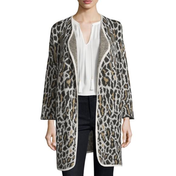 JOIE Berit Gray Black Leopard Print Wool Blend Open Front Long Line Cardigan S - Picture 1 of 8